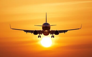A commercial airplane flying toward a glowing sunset with the sun directly beneath it.
