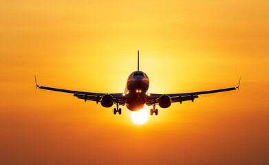 A commercial airplane flying toward a glowing sunset with the sun directly beneath it.

