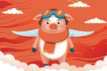 A cartoon pig, wearing a 1920s pilot's leather jacket, goggles, and cap, sits confidently in a vintage airplane cockpit.  Aviator theme.