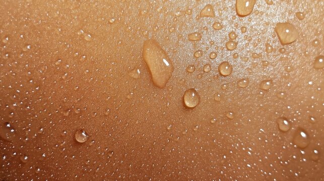 Glistening water droplets clinging to smooth, tanned skin, forming intricate hydration pattern and revealing natural radiant complexion