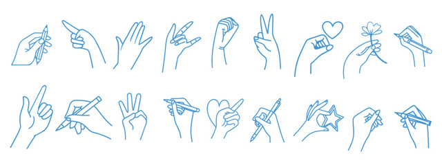 Vector line simple illustrations, hands and gesture in outline style, sticker gesture, print and poster design