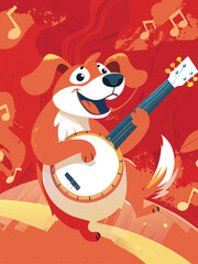 A joyful 1930s cartoon dog, wearing a jaunty hat, happily strums a banjo, surrounded by musical notes.