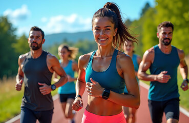 A group of smiling runners on a sunny path in a park doing outdoor sports