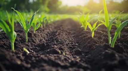 Young corn plants growing in a well prepared fertile field