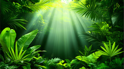 Lush green jungle scene with sunbeams penetrating the dense foliage, creating a mystical and serene atmosphere. Ideal for nature documentaries, travel brochures, or relaxation themes.
