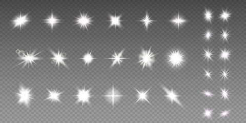 Set of lighting effects. Bright white Star. Flash of sunlight. Glow effect.EPS 10 vector.