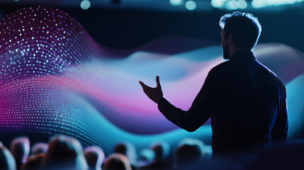 A speaker presenting to an audience with abstract digital waves and data graphics in the background.

