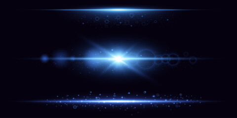Obraz premium Collection of blue light. Lens flares. Explosion with glowing sparks. Bright flash.EPS 10 vector.