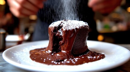 A delectable chocolate dessert being dusted with powdered sugar
