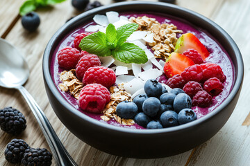 vibrant acai bowl filled with fresh berries, granola, and coconut flakes, garnished with mint leaves, offers refreshing and healthy treat