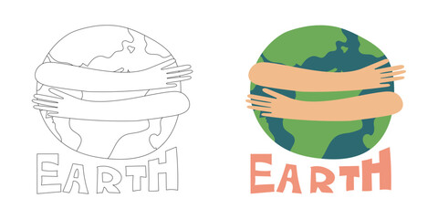 Heartwarming Earth drawing hugged by arms, symbolizing global care, kindness, climate protection, and environmental unity for posters and Earth Day materials.