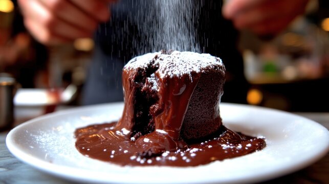A delectable chocolate dessert being dusted with powdered sugar