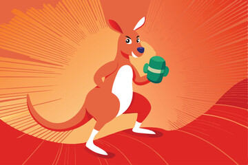 A classic cartoon kangaroo, muscular and jovial, hops energetically, wearing boxing gloves, against a bright, simple background.