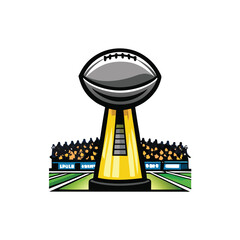 A detailed close-up shot of the Vince Lombardi Trophy on a lush green Super Bowl field, showcasing its intricate details and gleaming surface.