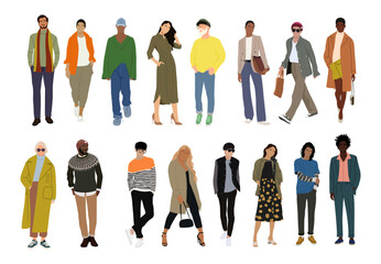 Street fashion vector illustration. Collection of stylish young women and men dressed in trendy clothes. Set of fashionable casual and formal outfits. Bundle of cute girls and men trendsetters.