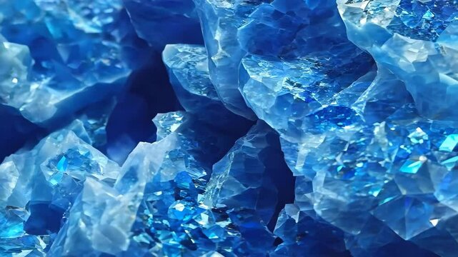 Close-up view of sparkling blue Sodalite crystals with intricate facets and textures, showcasing a vibrant blue hue and reflective surfaces mineral pattern texture macro background.