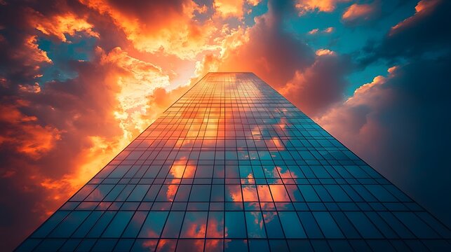 Towering glass skyscraper reflecting the dramatic sunset sky