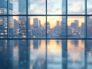 Fototapeta premium Defocused high-rise office with city skyline behind windows, sunlit floor, glass wall, corporate feeling, executive environment, clean lines, peaceful corporate space