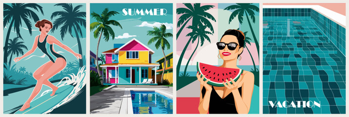 Set of summer posters in retro style. Summer vacations, holidays, travel concept. Colorful vector art illustrations.