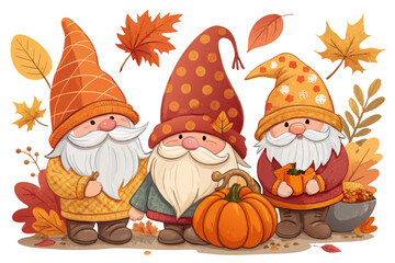 Fototapeta premium Whimsical autumn gnomes adorned with seasonal elements like pumpkins, colorful leaves, and acorns, isolated on a white background. 
