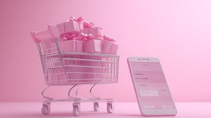 Pink Shopping Cart Filled with Gifts and Mobile Payment.