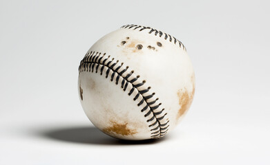 A close-up of a worn baseball with red stitching on a white background.
