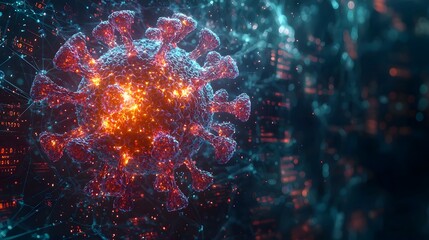 Glowing 3D model of a virus particle surrounded by data graphs