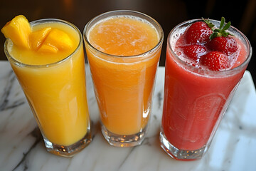 Three refreshing fruit smoothies in glasses, mango, orange, and strawberry. Perfect for summer, healthy lifestyle, and refreshment.