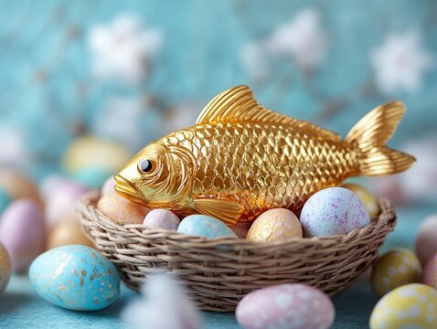  Golden fish in woven basket with pastel eggs, soft blue floral background, festive folk-inspired decoration with symbolic spring theme