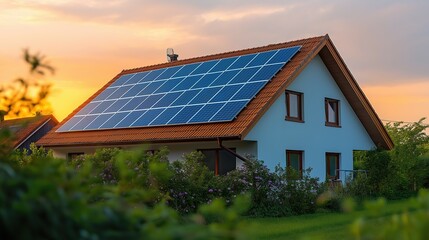 Fototapeta premium Modern house with blue solar panels under warm sunset, blending sustainability with serene beauty.