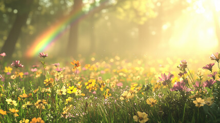 Fototapeta premium A dreamy rainbow arching over a field of wildflowers, soft sunlight casting a gentle glow on the scene, creating a whimsical and serene atmosphere