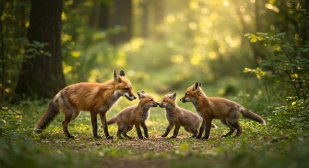 Fototapeta premium Fox Family Together in Sunny Forest Glade During Golden Hour