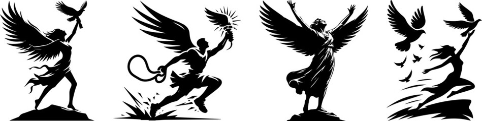 Four Majestic Winged Figures in Silhouette. Powerful black and white silhouette illustrations of winged figures, possibly angels or mythical beings.