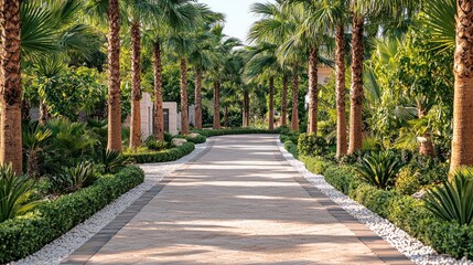 Fototapeta premium Palm-lined walkway through lush gardens