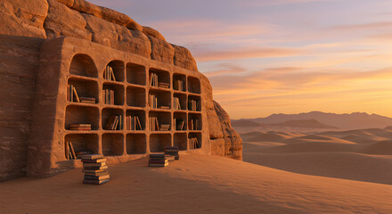 Bookshelf Carved in Rock in the Desert Landscape at Sunset