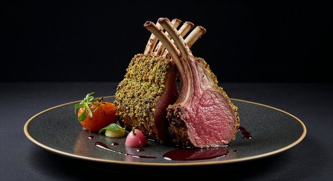 Rack of Lamb with herbs and garnish on elegant plate for culinary websites, fine dining menus, food blogs, recipe collections, and gourmet cooking instructional content