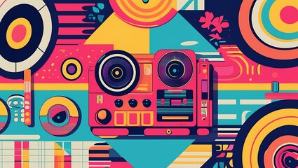Obraz premium Retro Vibes: A vibrant illustration featuring a vintage reel-to-reel tape recorder amidst a kaleidoscope of colorful geometric shapes, evoking a sense of nostalgia and artistic flair.