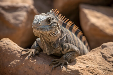 Obraz premium Spiny tailed garrobo basking on rugged rocks under the warm sun in nature