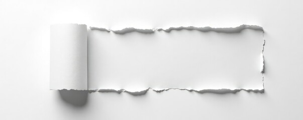Fototapeta premium Single sheet of white paper with a single large tear, fragile, fragments