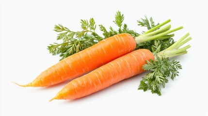 Two fresh, vibrant carrots with green tops