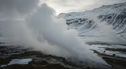 Erupting Geothermal Steam Vent in Cold Snowy Winter Landscape