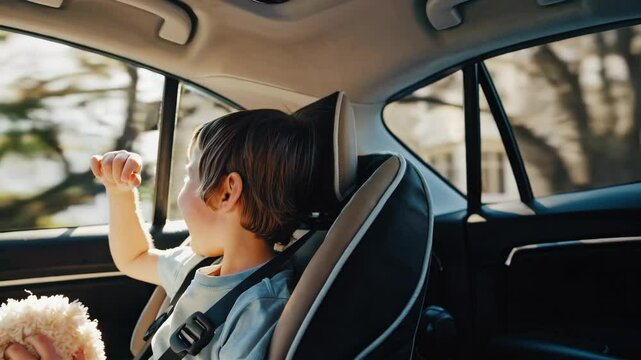 Joyful child laughing and playing in car seat on a sunny day. 4k stock footage