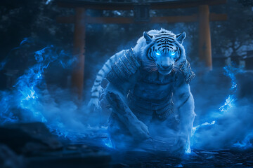 Mystical blue glowing tiger warrior emerging from fog near a traditional Japanese torii gate