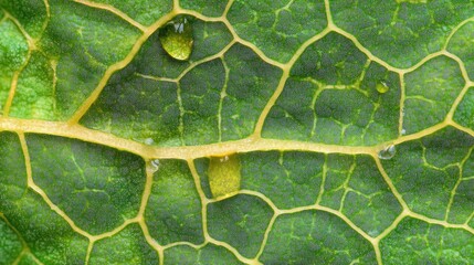Close up photograph of a green leaf with water droplets