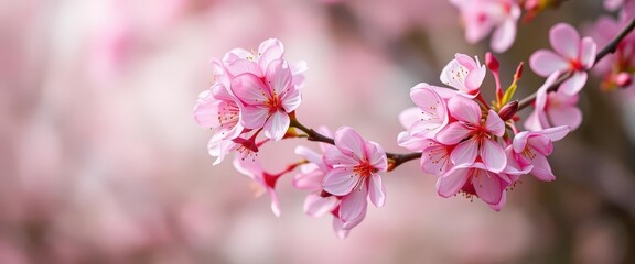 Obraz premium Delicate pink blossoms in full bloom against a soft spring background, nature, pink