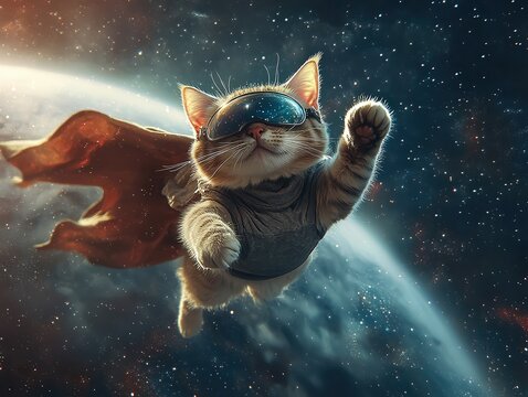  Space superhero cat floats over Earth, glowing paws, cape sparkles with stars, visor reflects planet curve, dreamy nebula behind adds cosmic heroic mood.