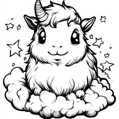 Obraz premium Adorable Fluffy Unicorn on a Cloud - Cute Fantasy Line Art