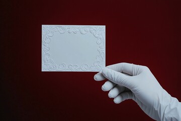 A gloved hand elegantly holding a blank white card against a luxurious red patterned background. Ideal for branding, invitations, business, or vintage themes