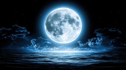 Tranquil Night Sky with Full Moon Over Calm Ocean Waves