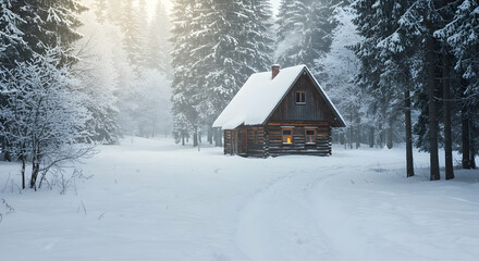 Naklejka premium Cabin in Snow Covered Forest with Smoke and Glowing Windows